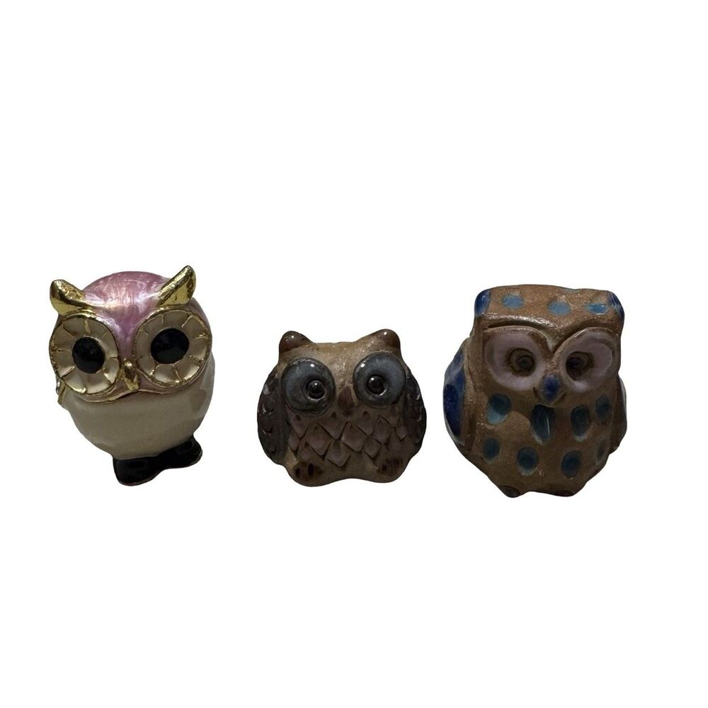 Set Of 3 Big Eyed Enameled Owl Jeweled Stone Carved Colorful Cute Trinket Shelf